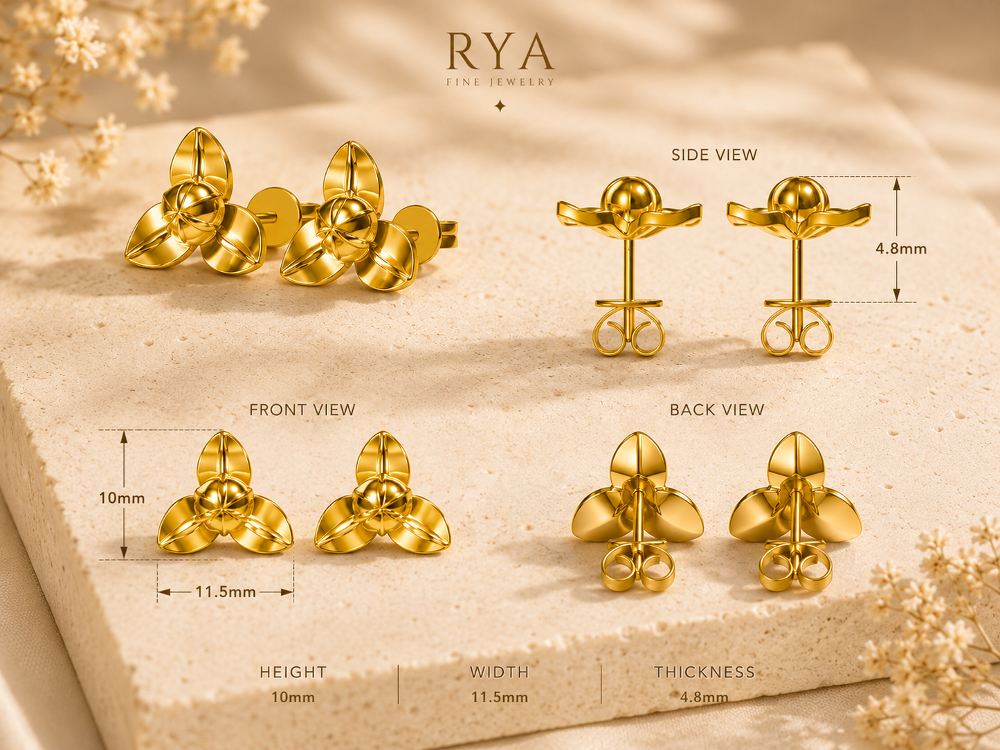 Romdoul Flower Stud Earrings | 18K Gold Plated | RYA Jewelry